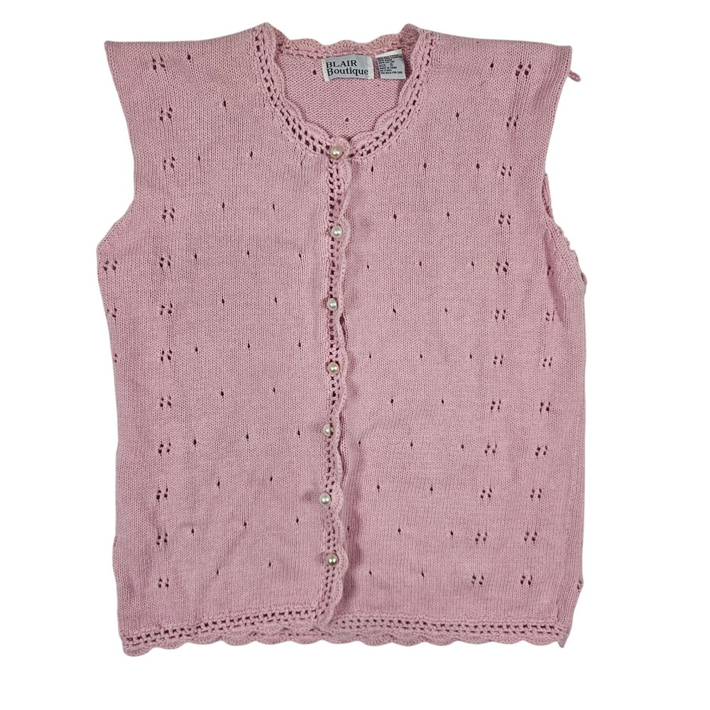 Blair Boutique Pink Pointelle Knit Sleeveless Cardigan Pearl Button Vest Small